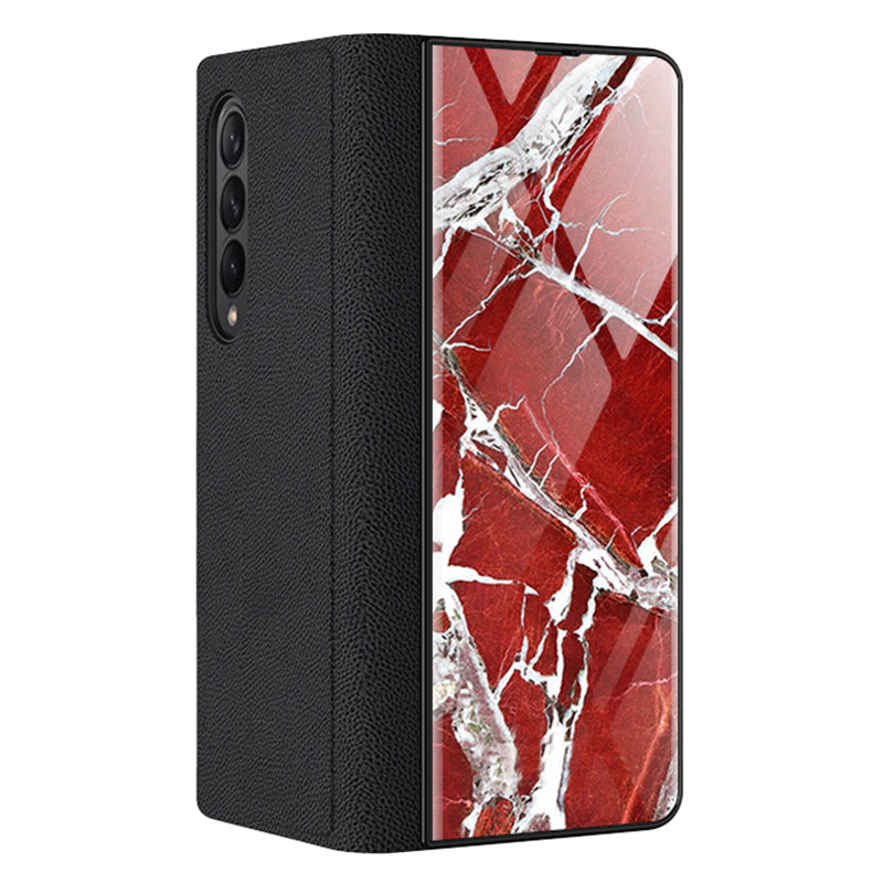 PU Leather + PC Phone Case Marble Pattern Tempered Glass Phone Protective Case for Samsung Galaxy Z Fold3 5G