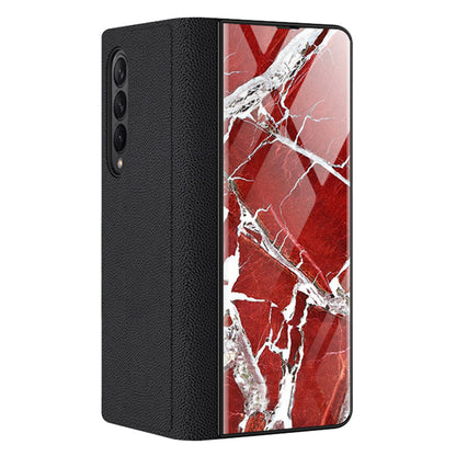 PU Leather + PC Phone Case Marble Pattern Tempered Glass Phone Protective Case for Samsung Galaxy Z Fold3 5G