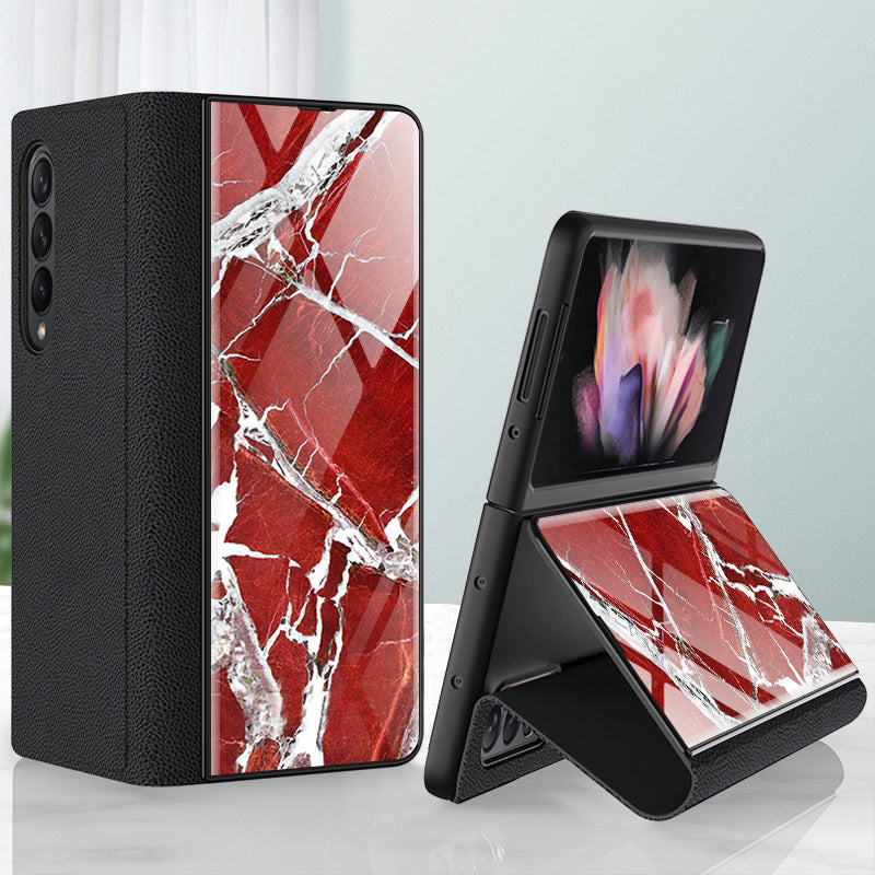 PU Leather + PC Phone Case Marble Pattern Tempered Glass Phone Protective Case for Samsung Galaxy Z Fold3 5G