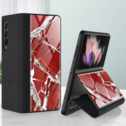PU Leather + PC Phone Case Marble Pattern Tempered Glass Phone Protective Case for Samsung Galaxy Z Fold3 5G