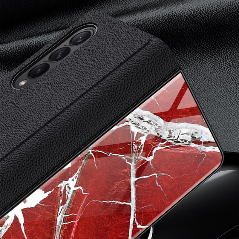 PU Leather + PC Phone Case Marble Pattern Tempered Glass Phone Protective Case for Samsung Galaxy Z Fold3 5G