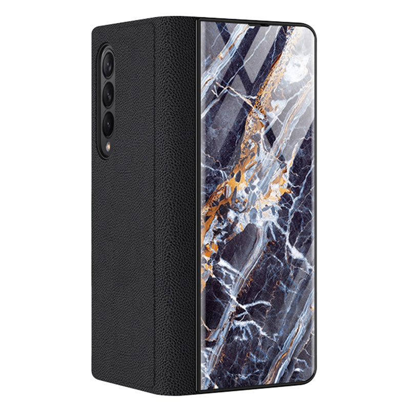 PU Leather + PC Phone Case Marble Pattern Tempered Glass Phone Protective Case for Samsung Galaxy Z Fold3 5G