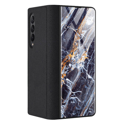 PU Leather + PC Phone Case Marble Pattern Tempered Glass Phone Protective Case for Samsung Galaxy Z Fold3 5G
