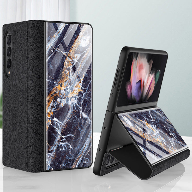 PU Leather + PC Phone Case Marble Pattern Tempered Glass Phone Protective Case for Samsung Galaxy Z Fold3 5G