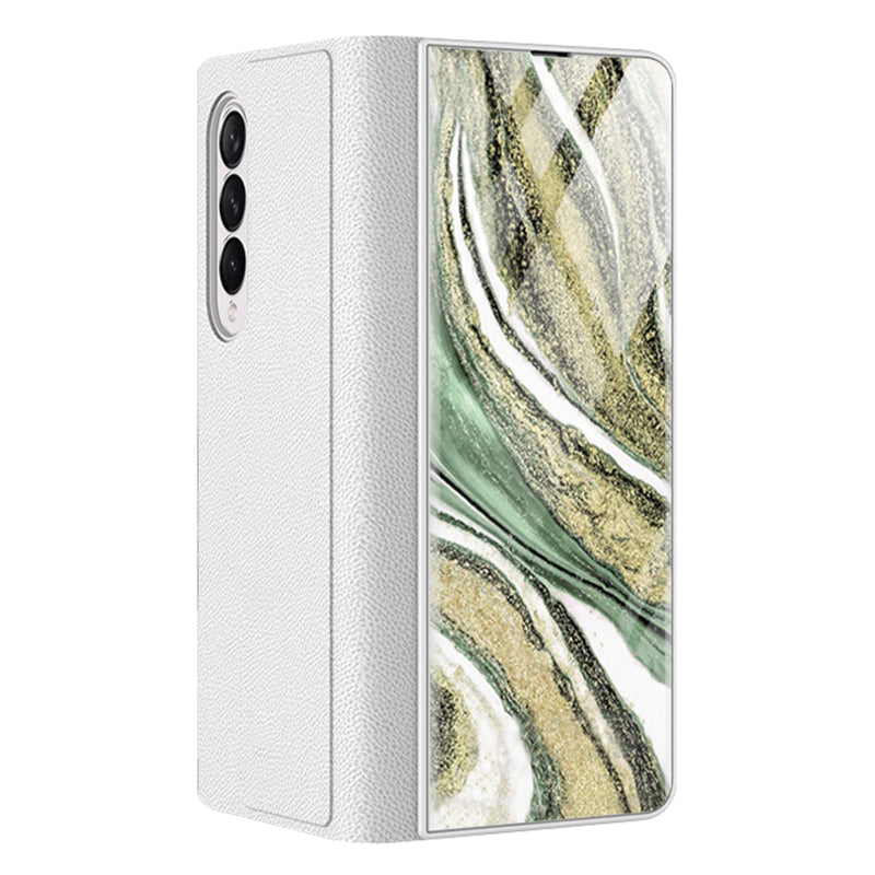 PU Leather + PC Phone Case Marble Pattern Tempered Glass Phone Protective Case for Samsung Galaxy Z Fold3 5G