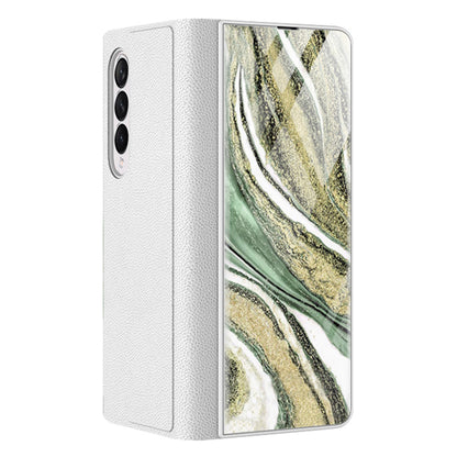 PU Leather + PC Phone Case Marble Pattern Tempered Glass Phone Protective Case for Samsung Galaxy Z Fold3 5G