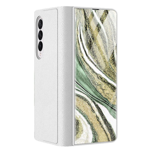 PU Leather + PC Phone Case Marble Pattern Tempered Glass Phone Protective Case for Samsung Galaxy Z Fold3 5G