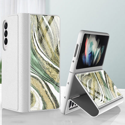 PU Leather + PC Phone Case Marble Pattern Tempered Glass Phone Protective Case for Samsung Galaxy Z Fold3 5G