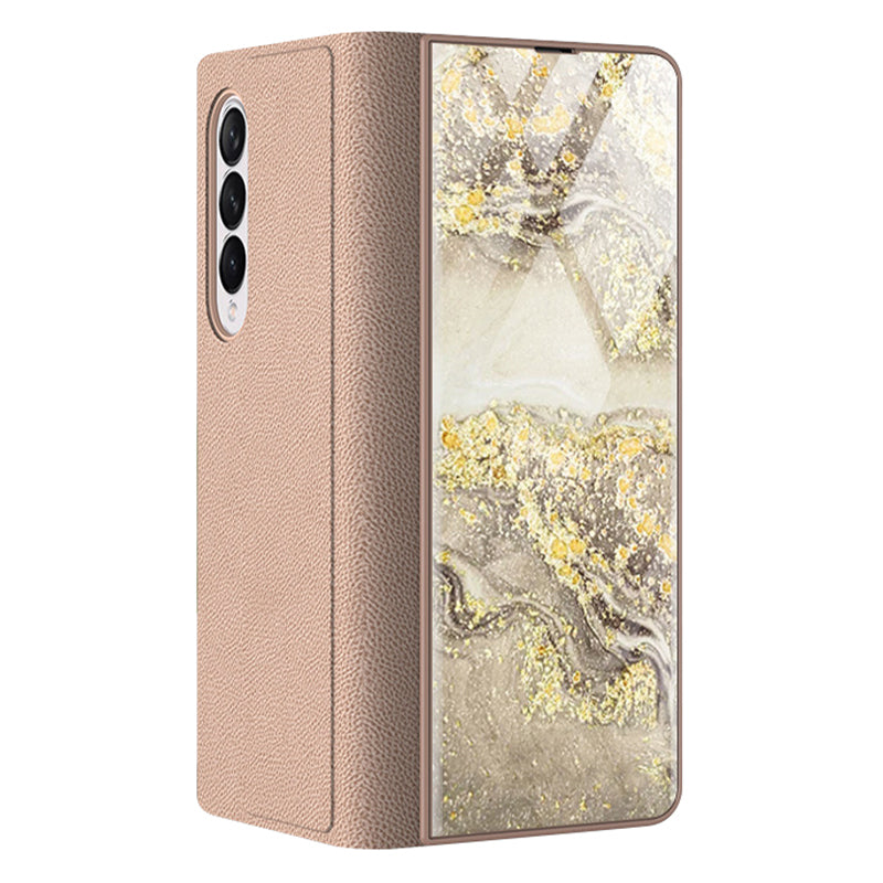 PU Leather + PC Phone Case Marble Pattern Tempered Glass Phone Protective Case for Samsung Galaxy Z Fold3 5G