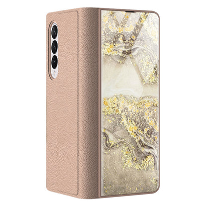 PU Leather + PC Phone Case Marble Pattern Tempered Glass Phone Protective Case for Samsung Galaxy Z Fold3 5G