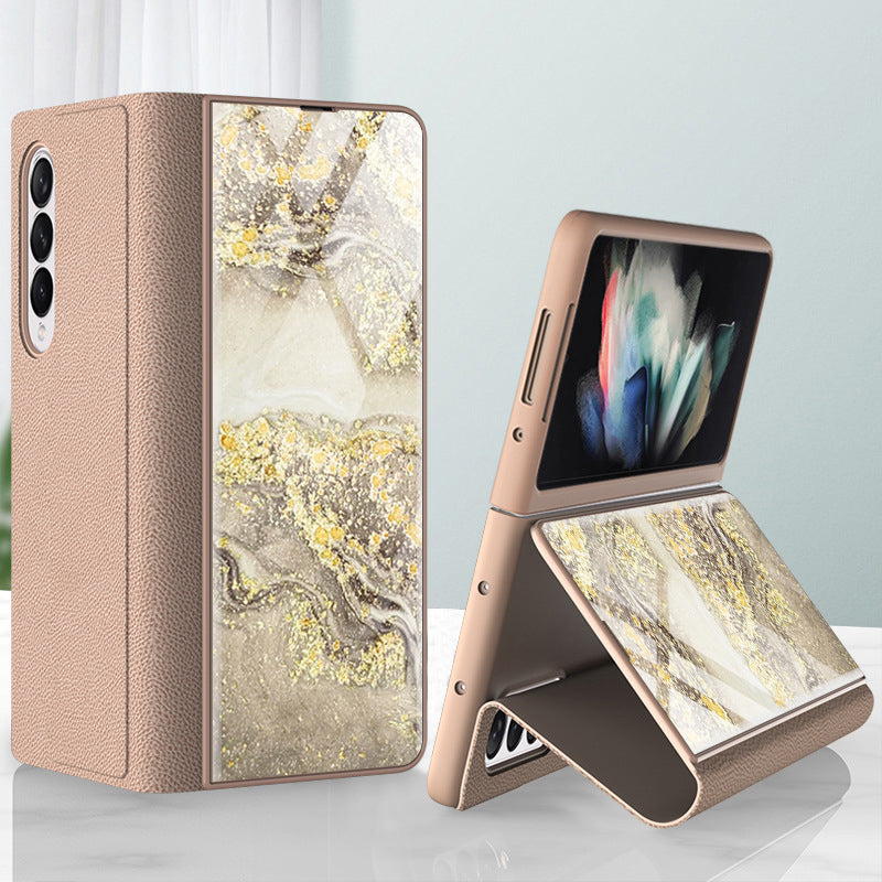 PU Leather + PC Phone Case Marble Pattern Tempered Glass Phone Protective Case for Samsung Galaxy Z Fold3 5G