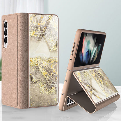 PU Leather + PC Phone Case Marble Pattern Tempered Glass Phone Protective Case for Samsung Galaxy Z Fold3 5G