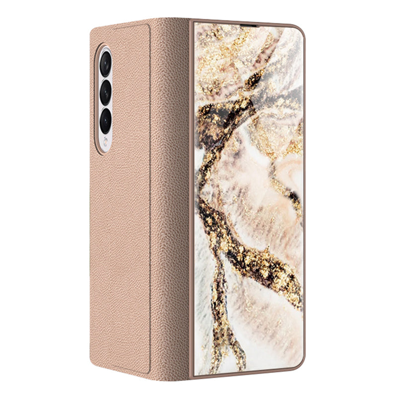 PU Leather + PC Phone Case Marble Pattern Tempered Glass Phone Protective Case for Samsung Galaxy Z Fold3 5G