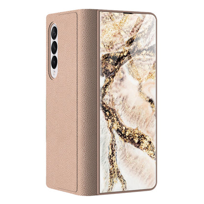 PU Leather + PC Phone Case Marble Pattern Tempered Glass Phone Protective Case for Samsung Galaxy Z Fold3 5G