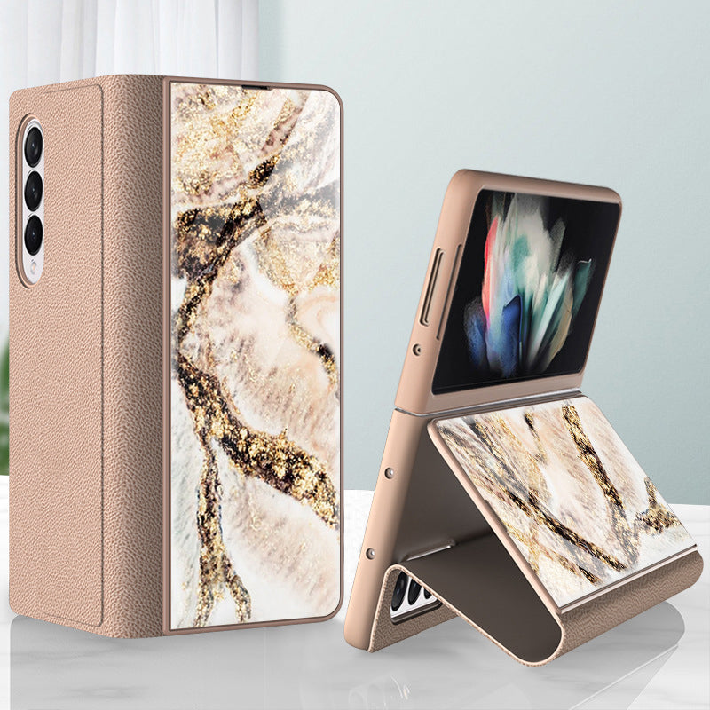 PU Leather + PC Phone Case Marble Pattern Tempered Glass Phone Protective Case for Samsung Galaxy Z Fold3 5G