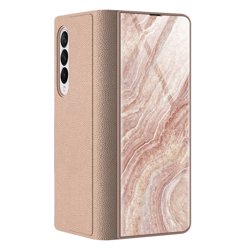 PU Leather + PC Phone Case Marble Pattern Tempered Glass Phone Protective Case for Samsung Galaxy Z Fold3 5G