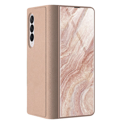 PU Leather + PC Phone Case Marble Pattern Tempered Glass Phone Protective Case for Samsung Galaxy Z Fold3 5G