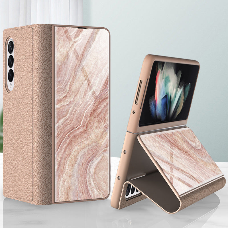 PU Leather + PC Phone Case Marble Pattern Tempered Glass Phone Protective Case for Samsung Galaxy Z Fold3 5G