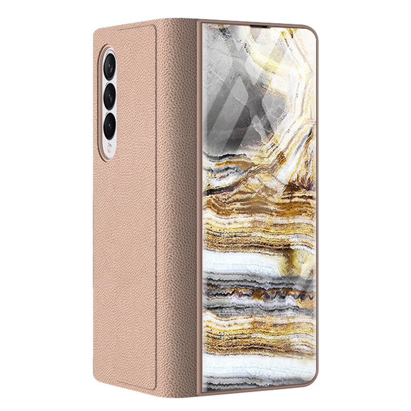 PU Leather + PC Phone Case Marble Pattern Tempered Glass Phone Protective Case for Samsung Galaxy Z Fold3 5G