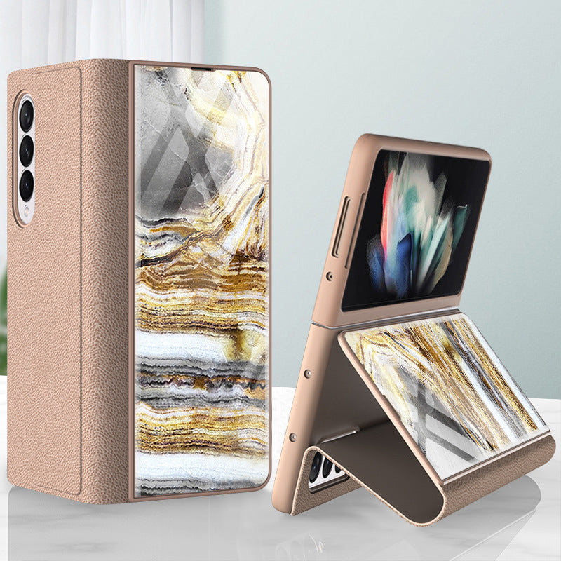 PU Leather + PC Phone Case Marble Pattern Tempered Glass Phone Protective Case for Samsung Galaxy Z Fold3 5G