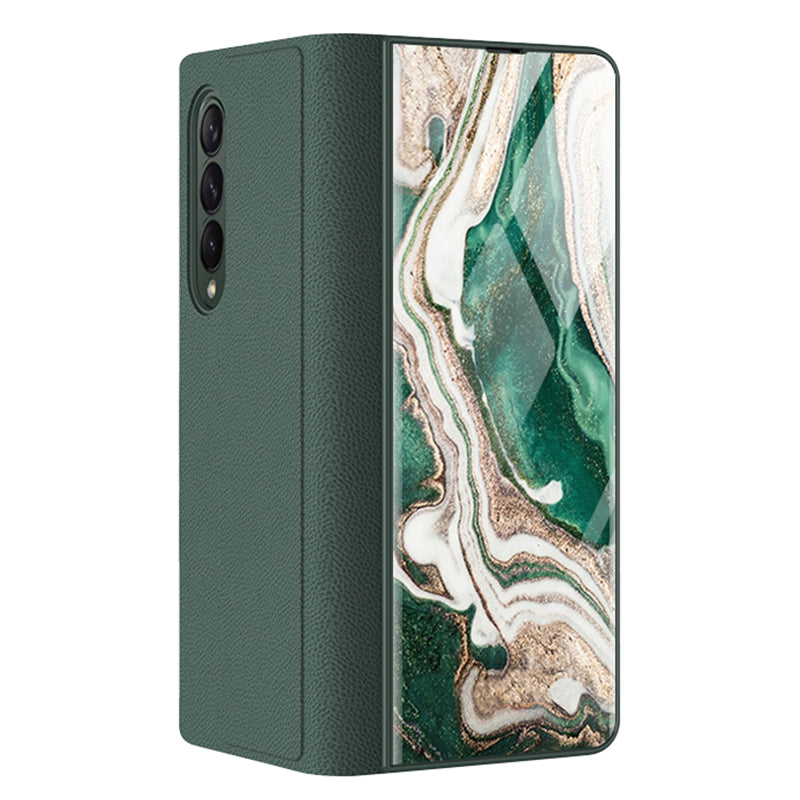 PU Leather + PC Phone Case Marble Pattern Tempered Glass Phone Protective Case for Samsung Galaxy Z Fold3 5G