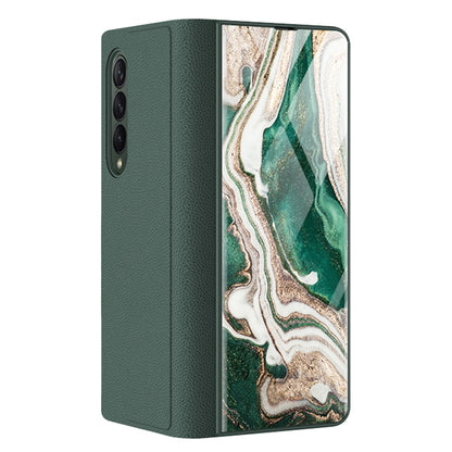 PU Leather + PC Phone Case Marble Pattern Tempered Glass Phone Protective Case for Samsung Galaxy Z Fold3 5G