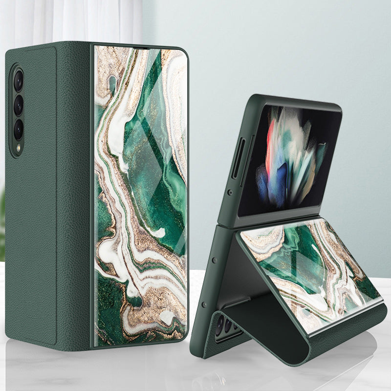 PU Leather + PC Phone Case Marble Pattern Tempered Glass Phone Protective Case for Samsung Galaxy Z Fold3 5G