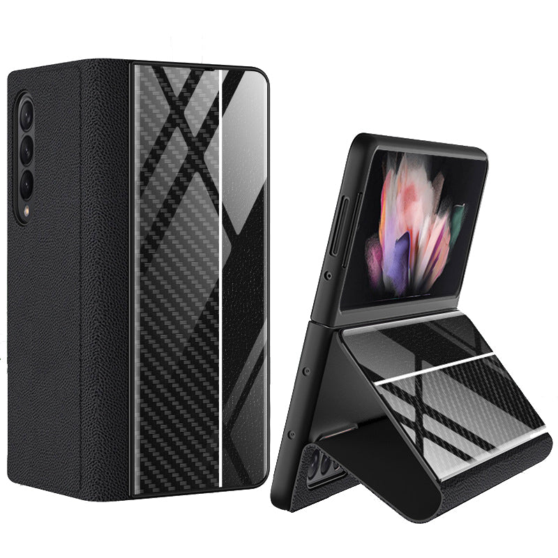 PU Leather + Tempered Glass + PC Phone Case Pattern Printed Stylish Protective Cover for Samsung Galaxy Z Fold3 5G/W22 5G