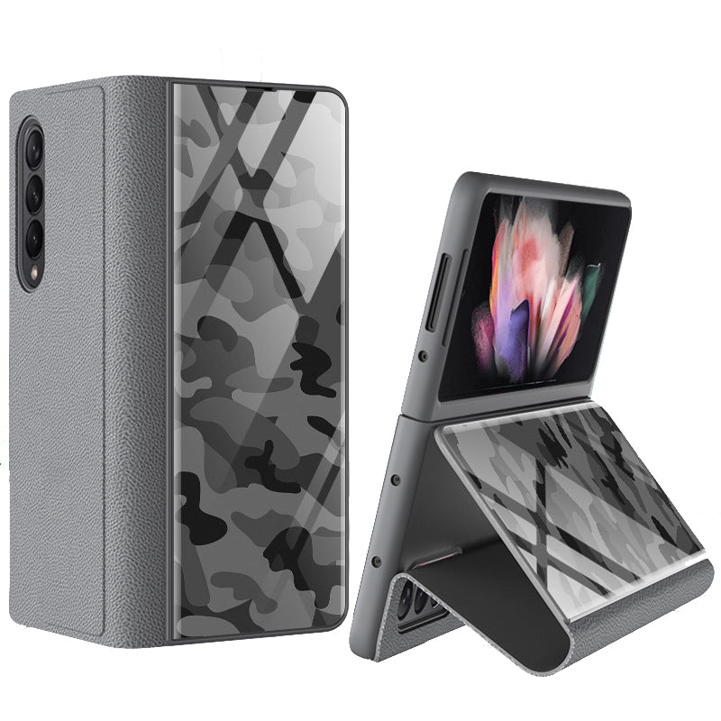 PU Leather + Tempered Glass + PC Phone Case Pattern Printed Stylish Protective Cover for Samsung Galaxy Z Fold3 5G/W22 5G