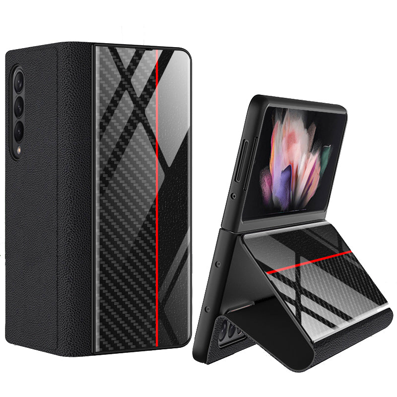 PU Leather + Tempered Glass + PC Phone Case Pattern Printed Stylish Protective Cover for Samsung Galaxy Z Fold3 5G/W22 5G