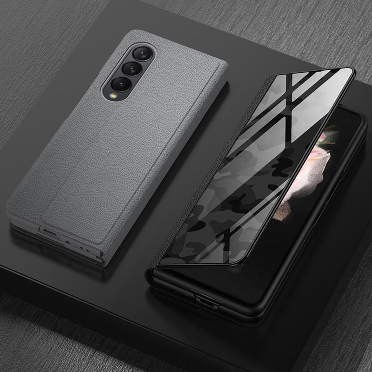 PU Leather + Tempered Glass + PC Phone Case Pattern Printed Stylish Protective Cover for Samsung Galaxy Z Fold3 5G/W22 5G