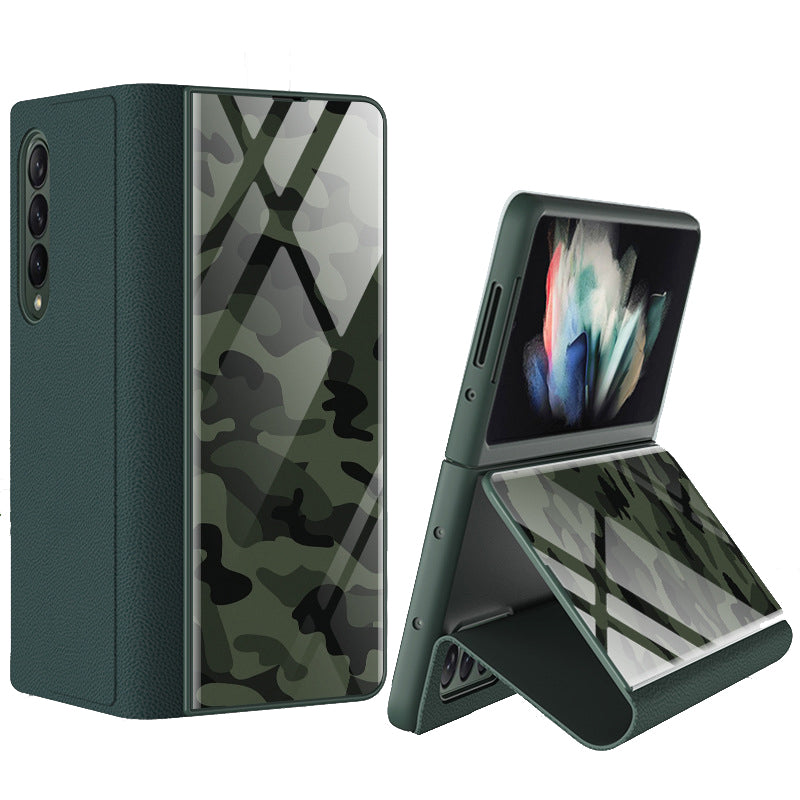 PU Leather + Tempered Glass + PC Phone Case Pattern Printed Stylish Protective Cover for Samsung Galaxy Z Fold3 5G/W22 5G
