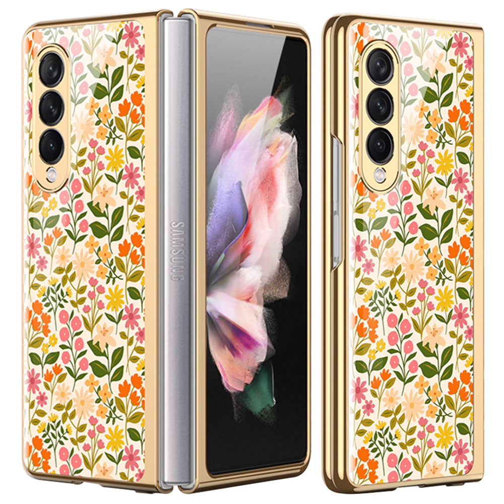 Flower Pattern Printing Electroplating Tempered Glass + PC Folding Phone Case Cover for Samsung Galaxy Z Fold3 5G