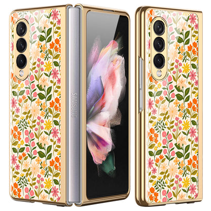 Flower Pattern Printing Electroplating Tempered Glass + PC Folding Phone Case Cover for Samsung Galaxy Z Fold3 5G