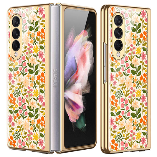 Flower Pattern Printing Electroplating Tempered Glass + PC Folding Phone Case Cover for Samsung Galaxy Z Fold3 5G