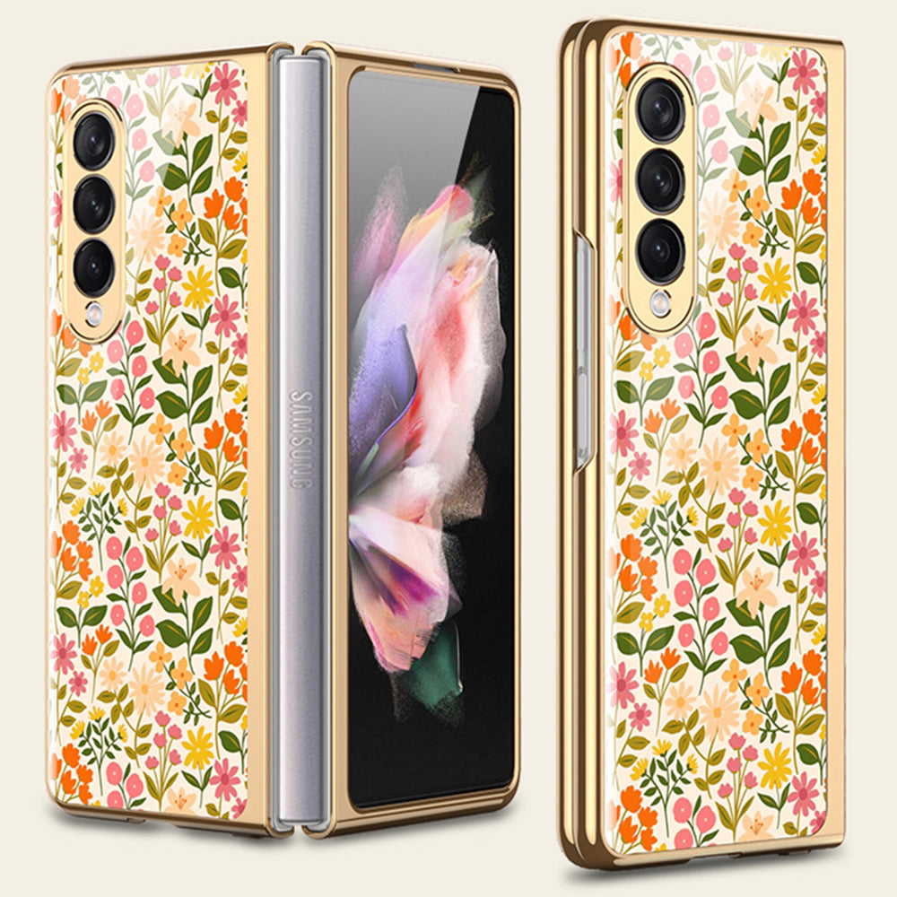Flower Pattern Printing Electroplating Tempered Glass + PC Folding Phone Case Cover for Samsung Galaxy Z Fold3 5G