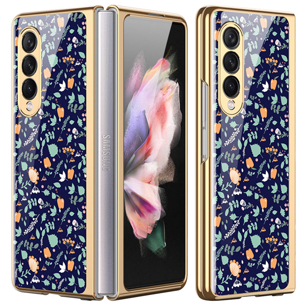Flower Pattern Printing Electroplating Tempered Glass + PC Folding Phone Case Cover for Samsung Galaxy Z Fold3 5G