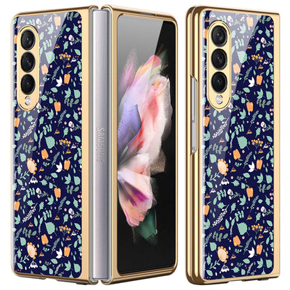 Flower Pattern Printing Electroplating Tempered Glass + PC Folding Phone Case Cover for Samsung Galaxy Z Fold3 5G