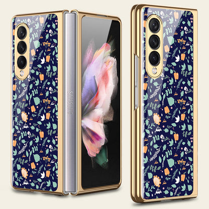 Flower Pattern Printing Electroplating Tempered Glass + PC Folding Phone Case Cover for Samsung Galaxy Z Fold3 5G