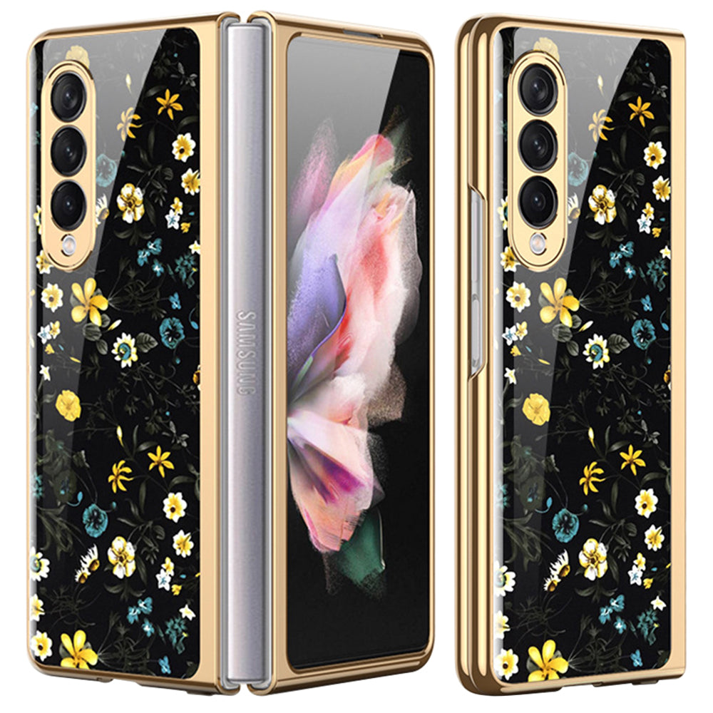 Flower Pattern Printing Electroplating Tempered Glass + PC Folding Phone Case Cover for Samsung Galaxy Z Fold3 5G