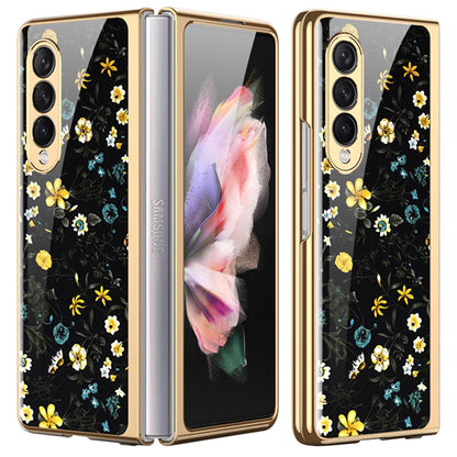 Flower Pattern Printing Electroplating Tempered Glass + PC Folding Phone Case Cover for Samsung Galaxy Z Fold3 5G