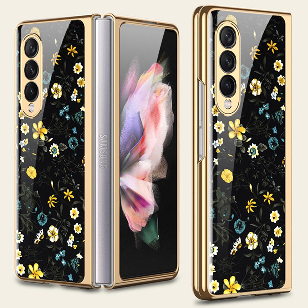 Flower Pattern Printing Electroplating Tempered Glass + PC Folding Phone Case Cover for Samsung Galaxy Z Fold3 5G