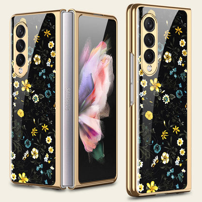 Flower Pattern Printing Electroplating Tempered Glass + PC Folding Phone Case Cover for Samsung Galaxy Z Fold3 5G