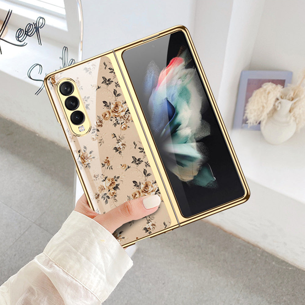 Flower Pattern Printing Electroplating Tempered Glass + PC Folding Phone Case Cover for Samsung Galaxy Z Fold3 5G