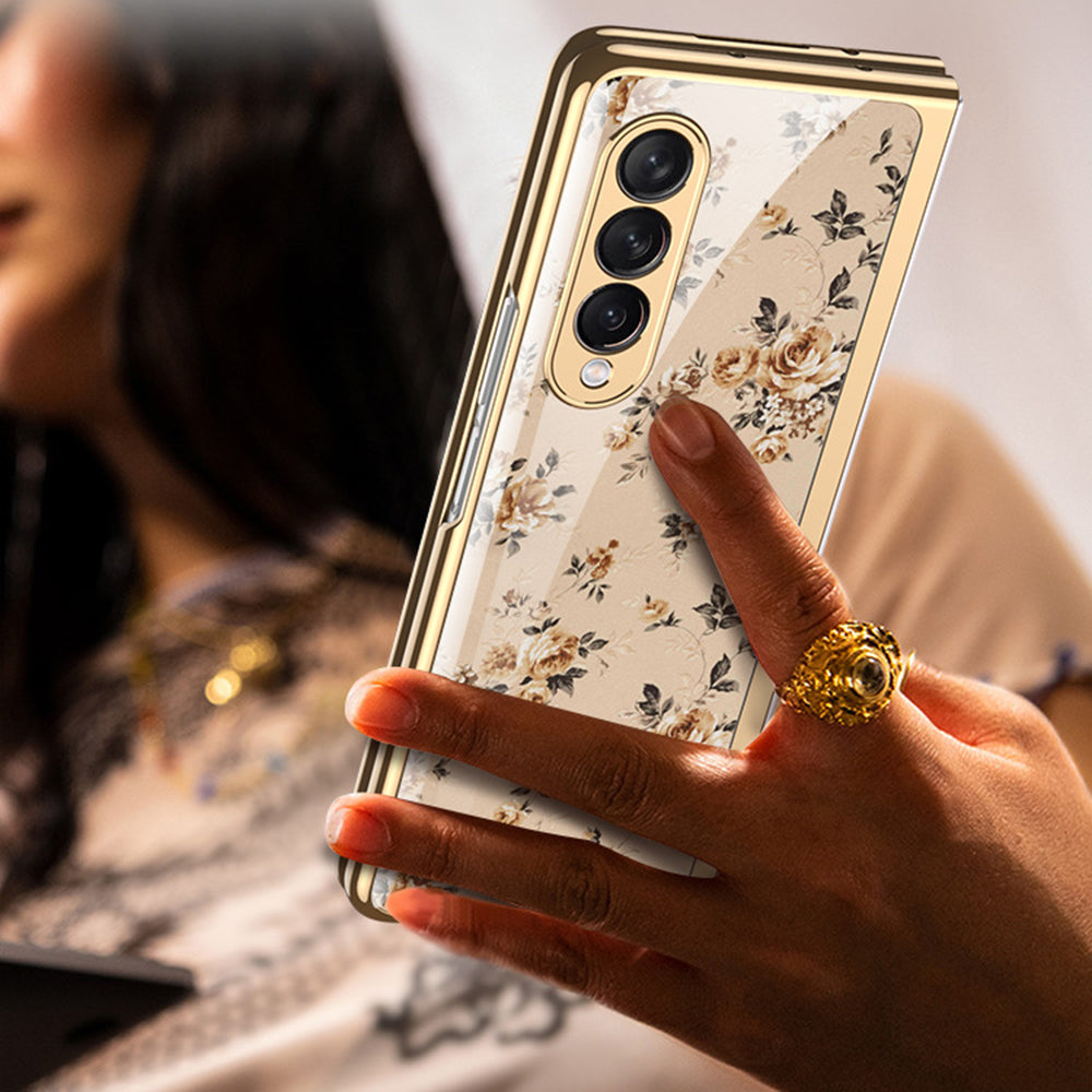 Flower Pattern Printing Electroplating Tempered Glass + PC Folding Phone Case Cover for Samsung Galaxy Z Fold3 5G