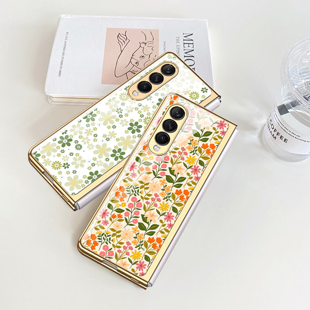 Flower Pattern Printing Electroplating Tempered Glass + PC Folding Phone Case Cover for Samsung Galaxy Z Fold3 5G
