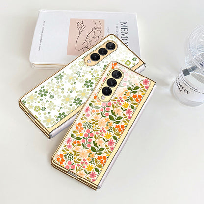 Flower Pattern Printing Electroplating Tempered Glass + PC Folding Phone Case Cover for Samsung Galaxy Z Fold3 5G