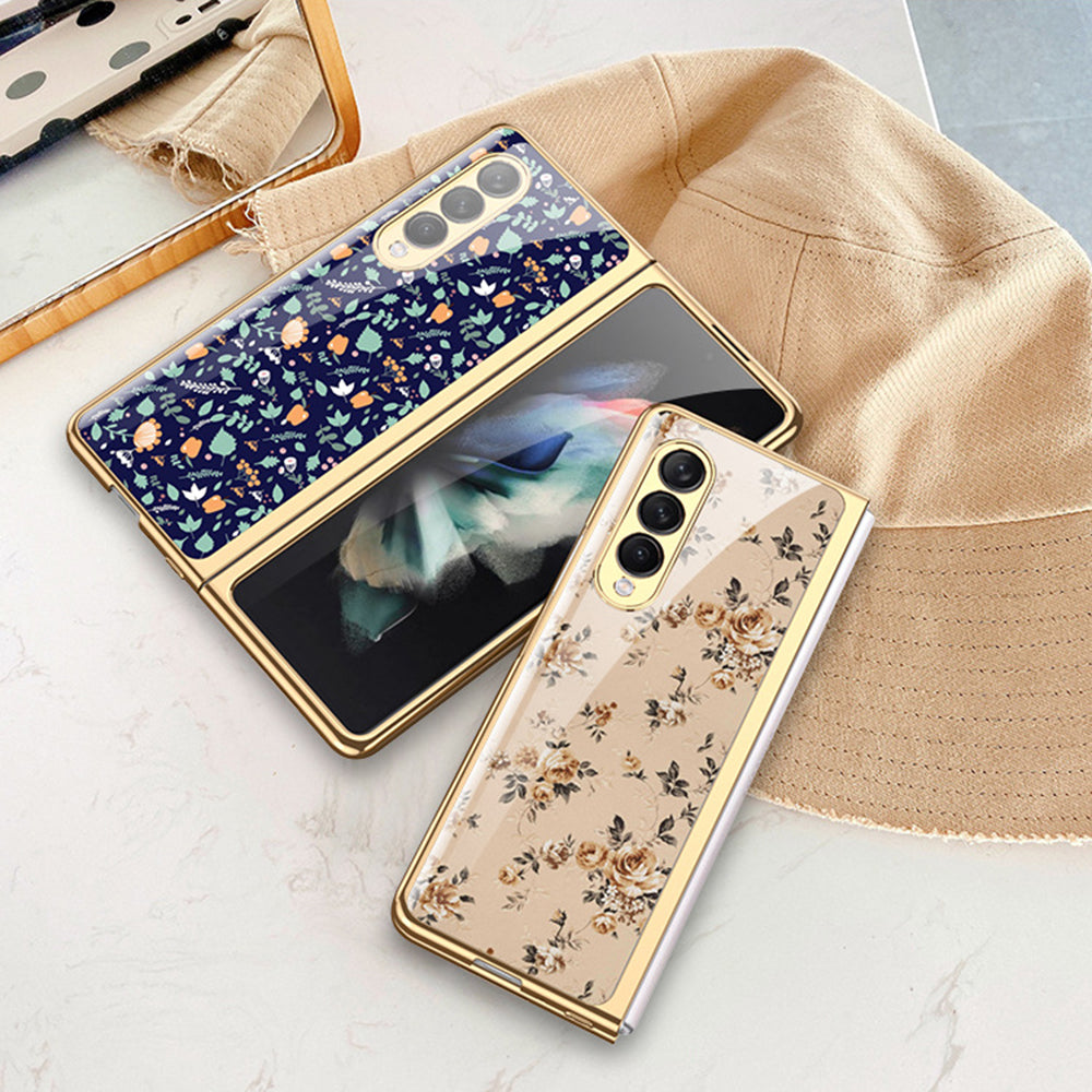 Flower Pattern Printing Electroplating Tempered Glass + PC Folding Phone Case Cover for Samsung Galaxy Z Fold3 5G