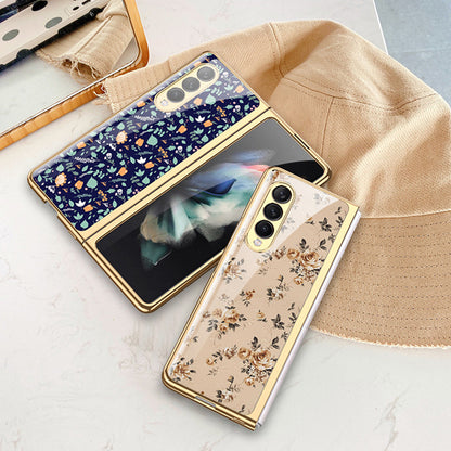 Flower Pattern Printing Electroplating Tempered Glass + PC Folding Phone Case Cover for Samsung Galaxy Z Fold3 5G