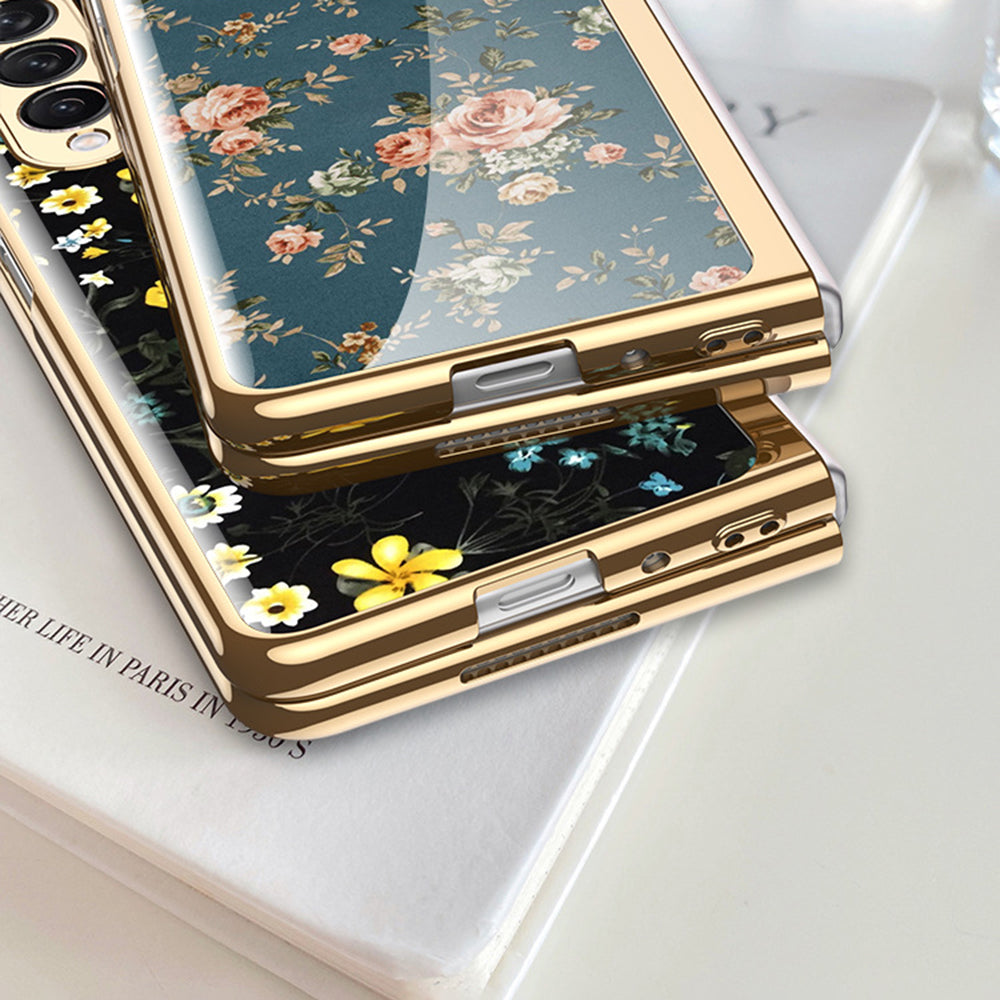 Flower Pattern Printing Electroplating Tempered Glass + PC Folding Phone Case Cover for Samsung Galaxy Z Fold3 5G